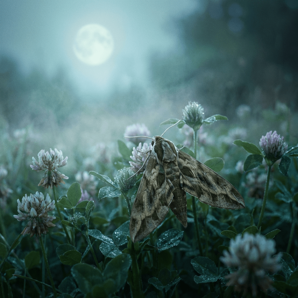 A hawk moth resting on pink clover flowers in a misty, moonlit field.