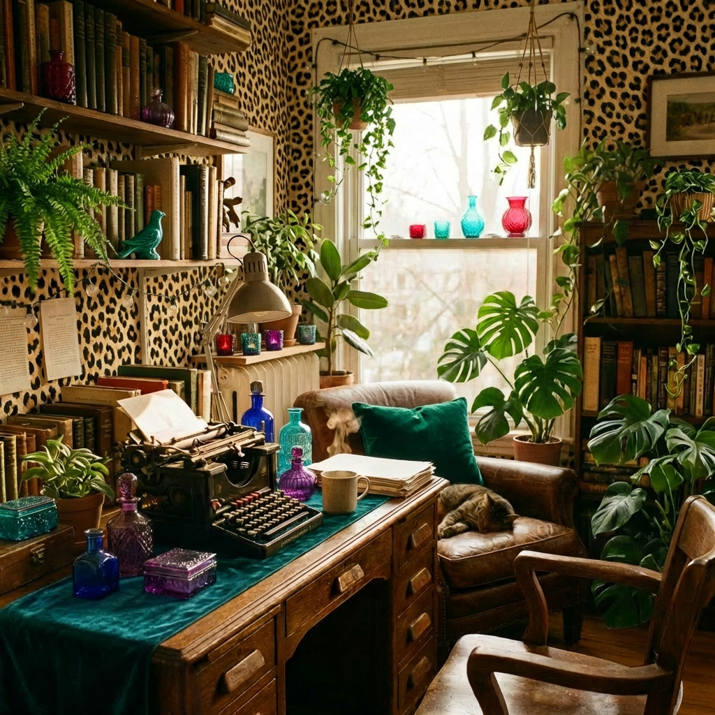 A vintage wooden desk with a typewriter, books, and a cat sleeping in a leather chair.