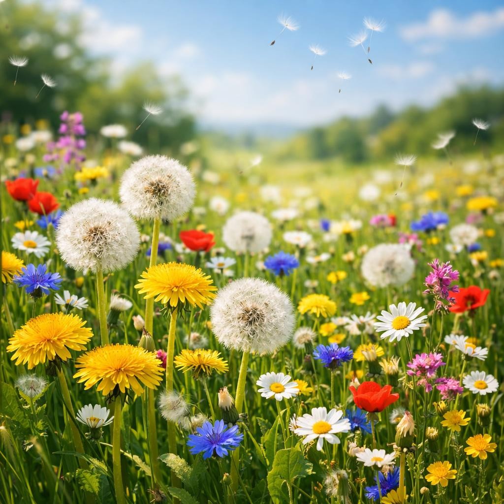 Wildflower meadow with blooming dandelions, daisies, poppies, and cornflowers